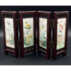 Chinese Table Top 4 Screen Hand Painted Stone Mini Tiles 8.25” x 5”